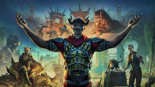 Grafica di gioco cinematografica in formato ultra-panoramico 5K, con un guerriero... 4K (Ultra HD)