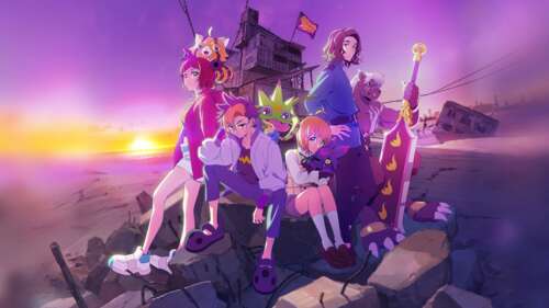 Locandina dell’anime Digimon Beatbreak, prima stagione, con un tramonto mozzafiato...