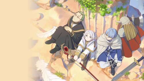 Locandina promozionale di Frieren: Oltre la fine del viaggio, con Fern e Stark.