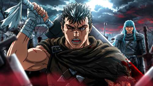 Guts, protagonista del manga Berserk, brandisce la sua leggendaria spada Dragon Slayer... 4K (Ultra HD)