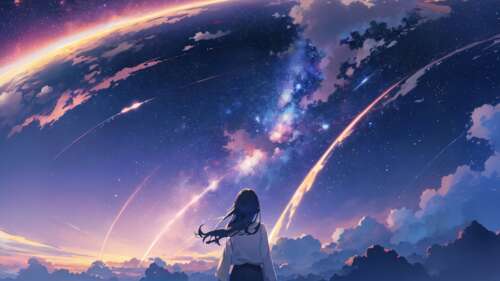 Mitsuha Miyamizu, tratta dal film Your Name, guarda verso l’alto, ammirando un cielo... 4K (Ultra HD)