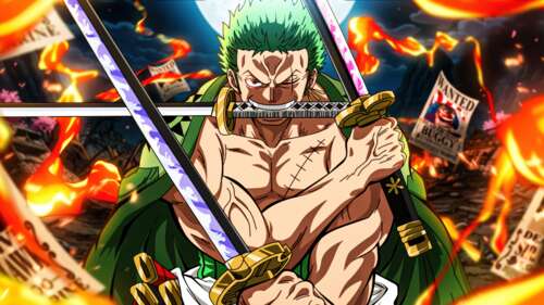 Roronoa Zoro, personaggio di One Piece, mentre maneggia le sue spade utilizzando... 4K (Ultra HD)