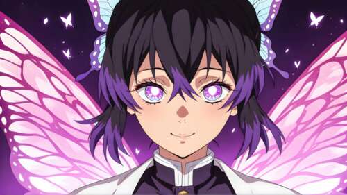 Shinobu Kocho, personaggio di Demon Slayer, con occhi viola luminosi e un’estetica... 4K (Ultra HD)