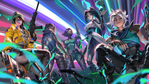 Un ritratto di gruppo dei personaggi di Valorant: Viper, Sage, Jett, Killjoy e Fade. 4K (Ultra HD)