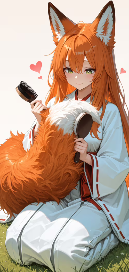 Una ragazza-volpe in stile anime, con lunghi capelli arancioni e occhi verdi, indossa...