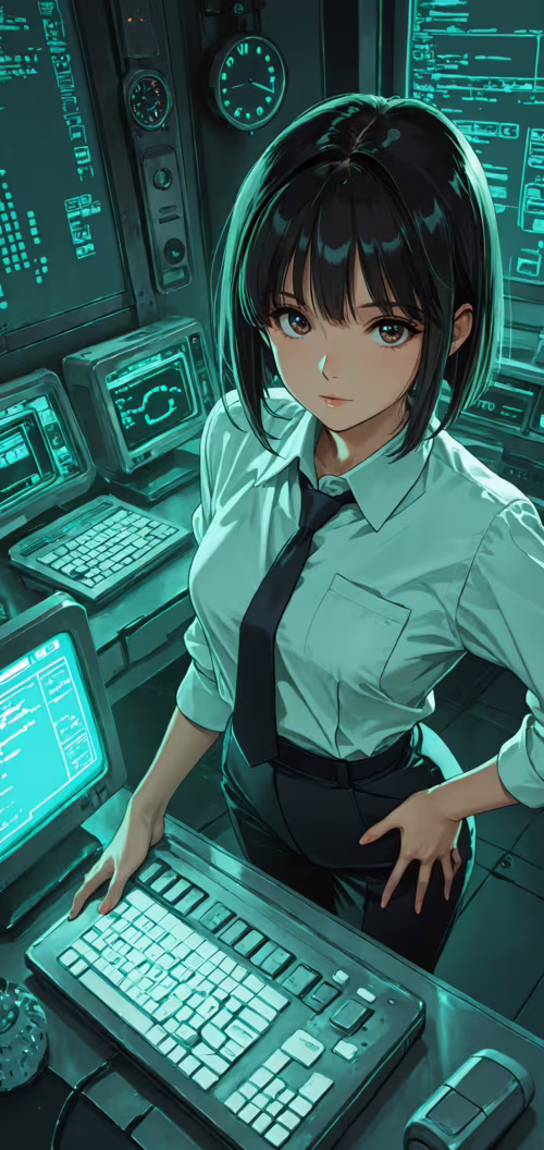 Un’illustrazione in stile anime che raffigura una giovane donna con i capelli neri...