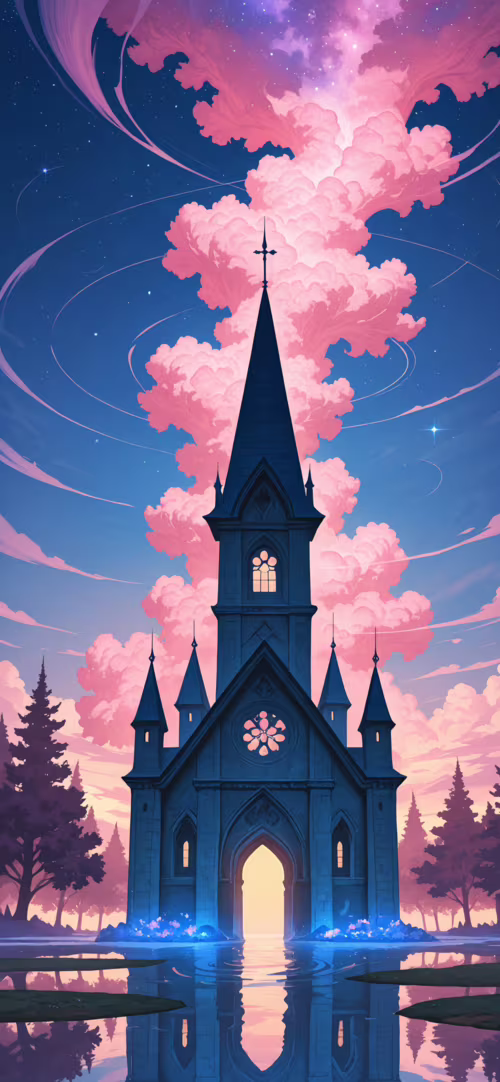 Un’illustrazione digitale fantastica che raffigura una cupa cattedrale gotica su...