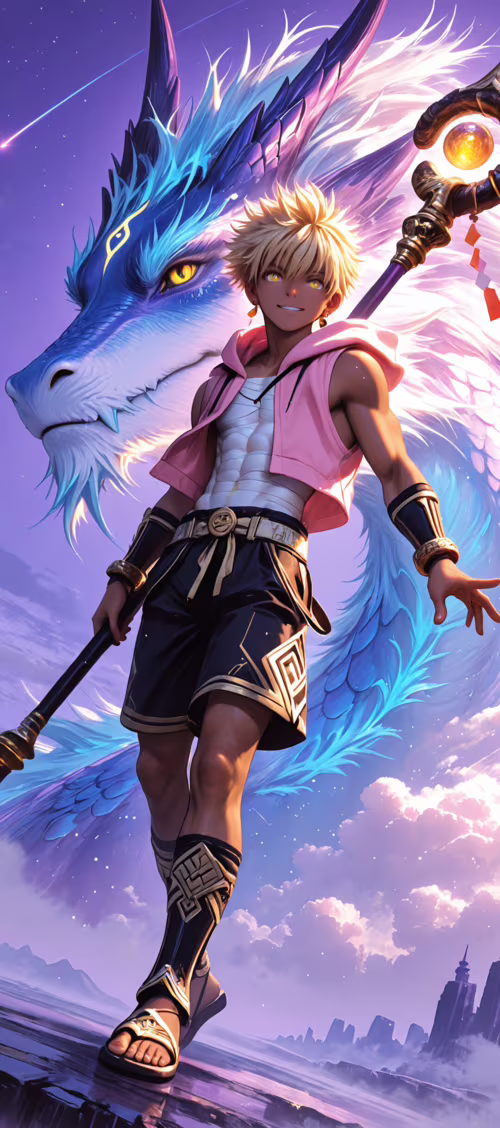 Un giovane con i capelli biondi e una felpa rosa tiene in mano un bastone magico,... Xiaomi Redmi 9C NFC