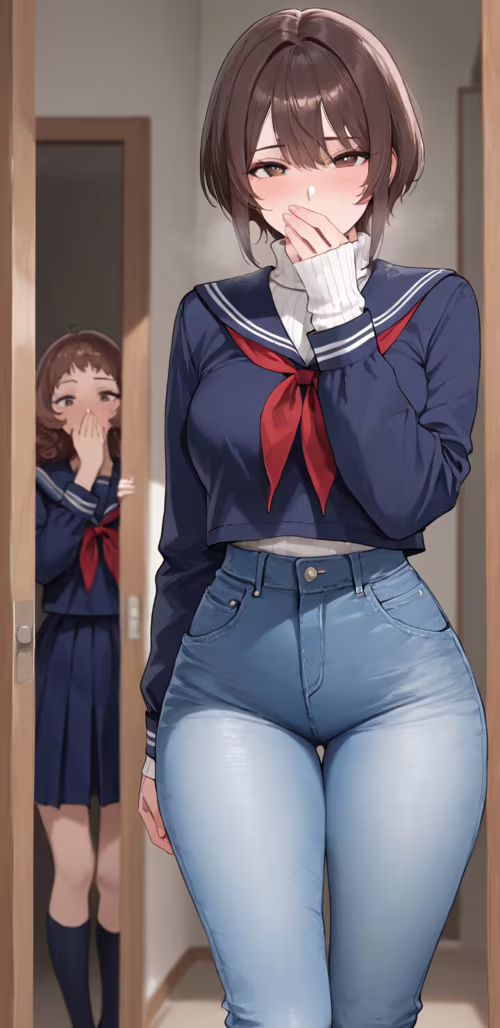 Una ragazza in stile anime, con i capelli corti e castani, indossa un maglione bianco... Samsung Galaxy J4 plus Plus