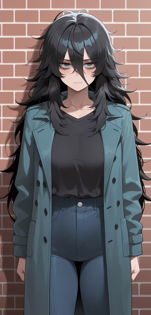 Una ragazza in stile anime, con lunghi capelli neri spettinati e occhi azzurri stanchi,... Cubot King Kong Mini