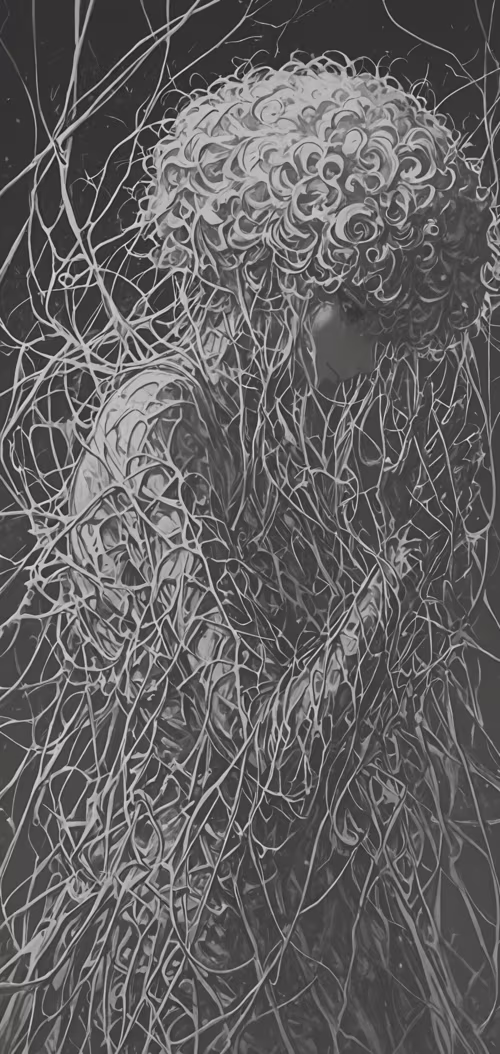 Un’illustrazione in bianco e nero, ricca di dettagli, che raffigura una donna di...