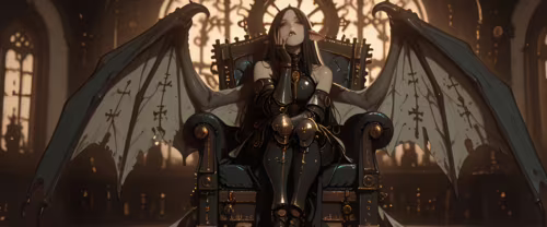 Un’elfa dai capelli bianchi, con grandi ali scure simili a quelle di un drago, è...