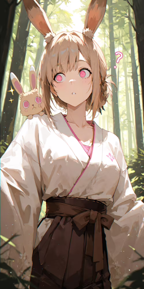 Una ragazza anime con capelli castano chiaro e orecchie da coniglio bianche, indossa... Xiaomi Black Shark