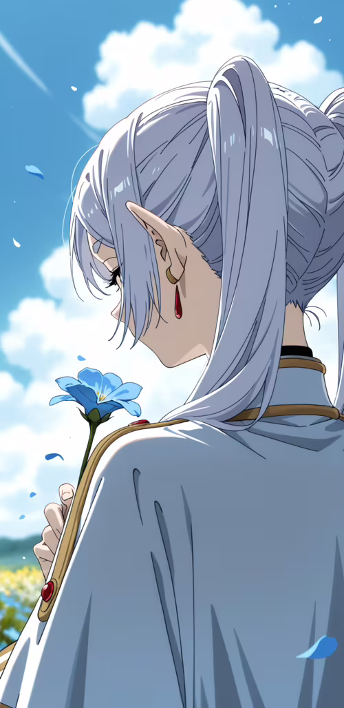 Un’illustrazione in stile anime che raffigura l’elfa Frieren vista da dietro, con...