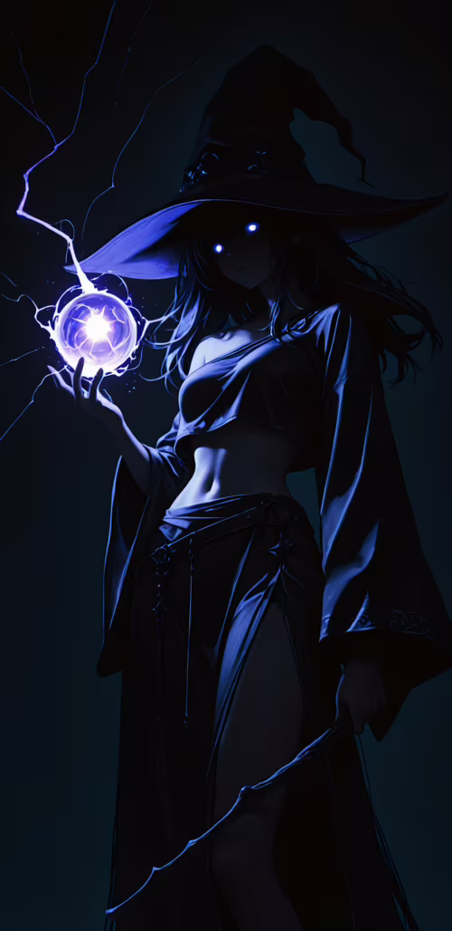 Una strega in stile anime, con lunghi capelli scuri e un grande cappello a punta,...