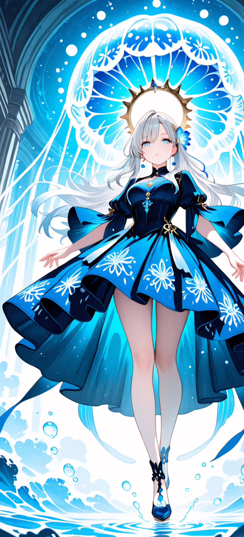 Una ragazza anime con lunghi capelli argentati e un abito blu scuro è in piedi sulla... Vivo X60 Pro