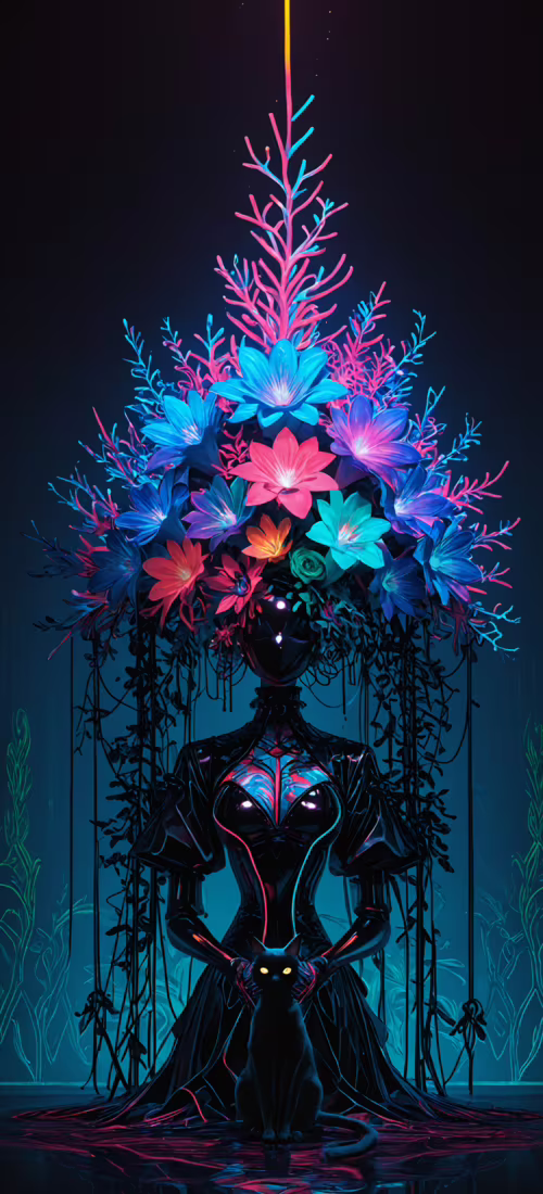 Un gatto nero è in piedi su un pavimento a motivi illuminato da luci al neon, di...