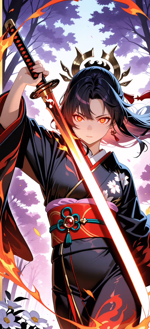 Una guerriera in stile anime, con lunghi capelli scuri, un elaborato copricapo nero... Honor Magic6 Pro