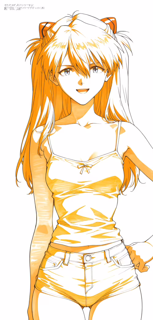 Un’illustrazione in stile lineare che raffigura Asuka Langley Soryu, personaggio...