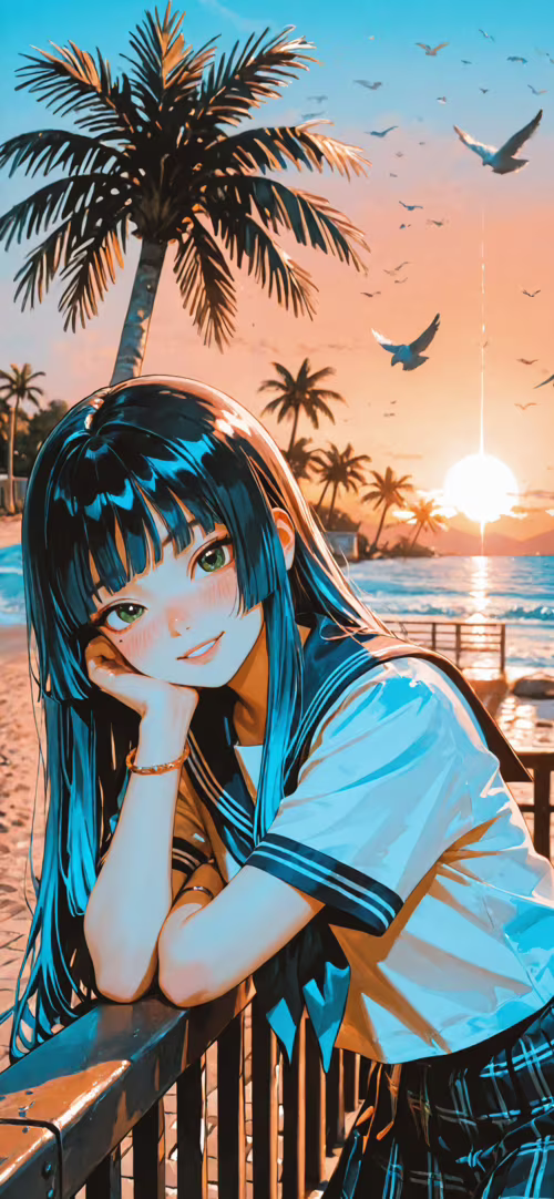 Una ragazza in stile anime, con lunghi capelli blu e occhi verdi, indossa un’uniforme...