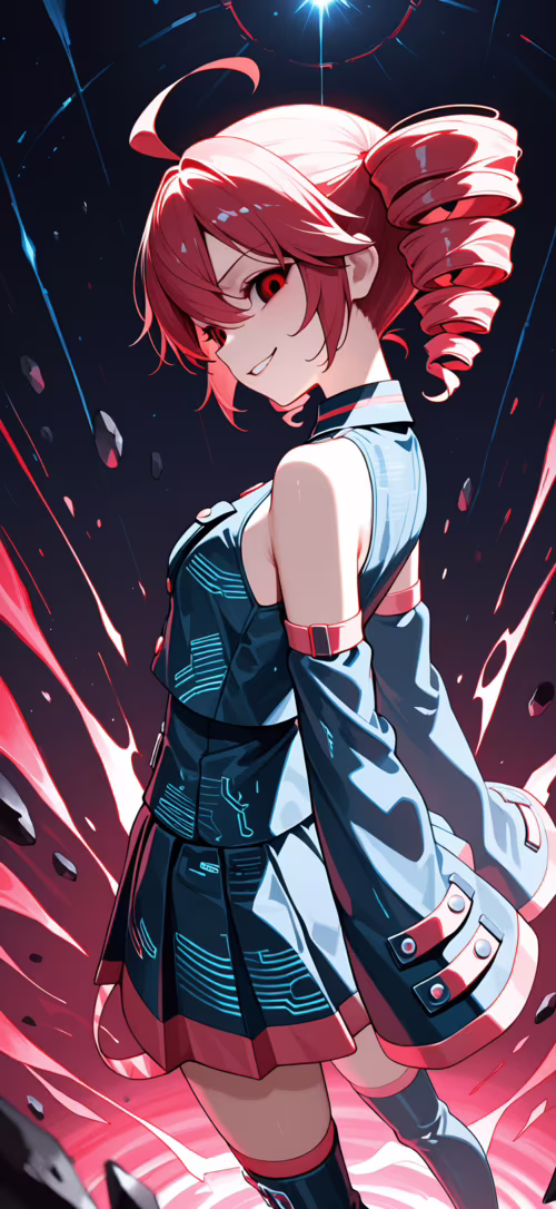 Un’illustrazione in stile anime che raffigura Kasane Teto, con i capelli rossi raccolti...