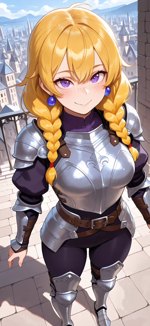 Una giovane cavaliere, con lunghe trecce bionde e occhi viola, indossa un’armatura...