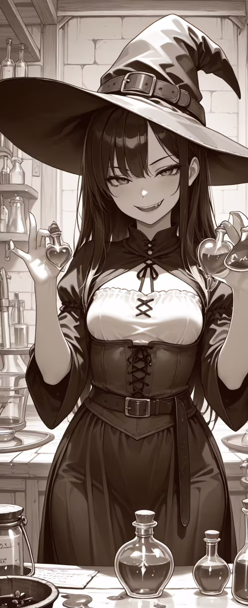 Un’illustrazione in tonalità seppia raffigura una strega in stile anime, con lunghi... Samsung Galaxy Z Flip4