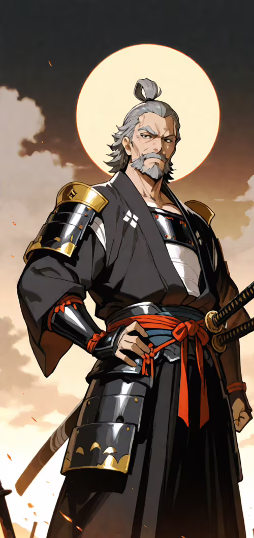 Un’illustrazione in stile anime che raffigura un anziano samurai, muscoloso, con... Alcatel 1V