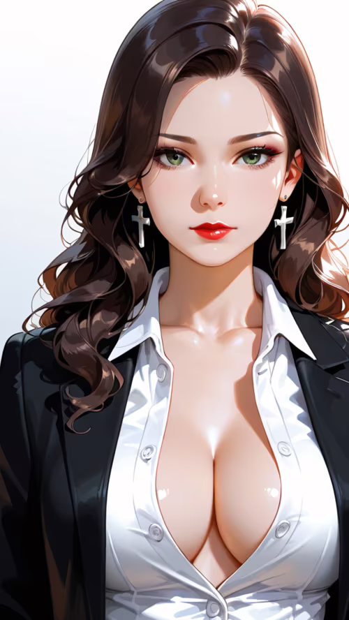 Una donna bellissima, con lunghi capelli castani, occhi verdi e rossetto rosso, indossa...