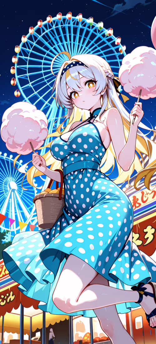 Una ragazza anime con lunghi capelli biondi, vestita con un abito giallo a pois,... Vivo X60 Pro