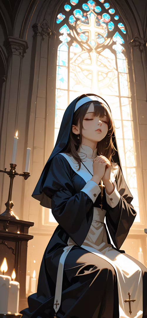 Un’illustrazione in stile anime che raffigura una giovane suora con capelli biondo... Elephone PX Pro