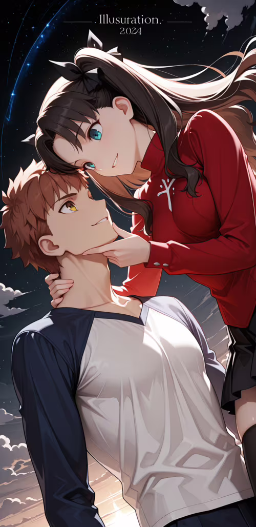 Un’illustrazione in stile anime che raffigura Tohsaka Rin ed Emiya Shirou, personaggi... Samsung Galaxy J4 plus Plus