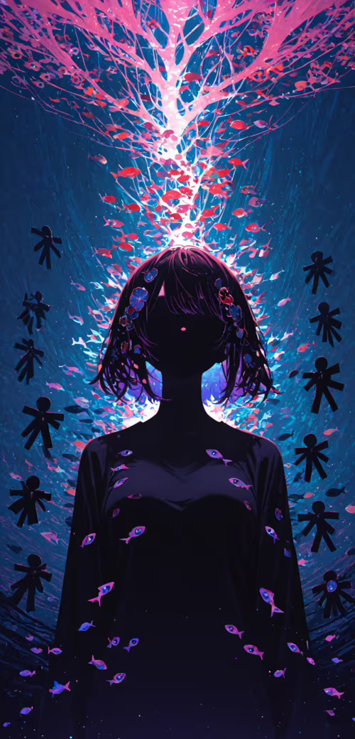 Una ragazza in stile anime, con capelli scuri e occhi gialli luminosi, è in piedi...