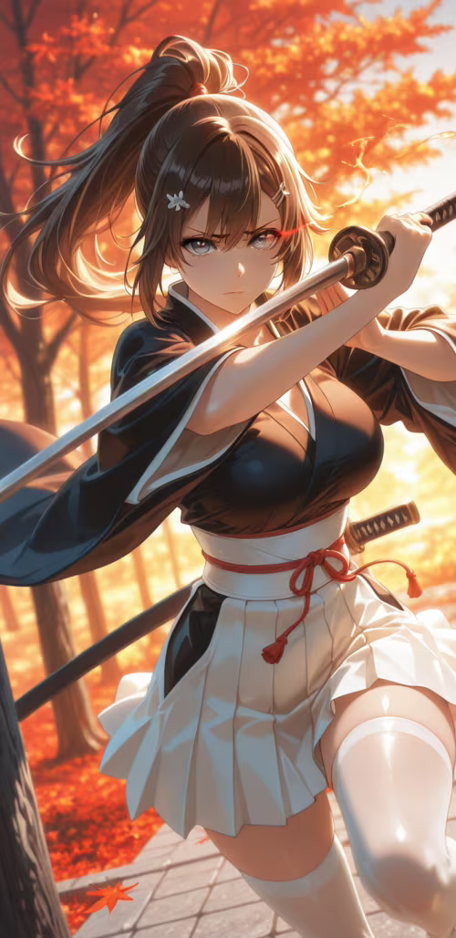 Una ragazza anime con lunghi capelli castani raccolti in una coda di cavallo e un’espressione... Samsung Galaxy J4 plus Plus