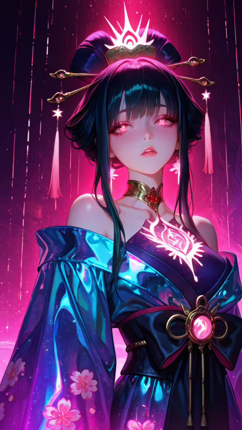 Una splendida donna in stile anime, con capelli rosa raccolti in un’elaborata acconciatura,... Doogee Valencia DG800