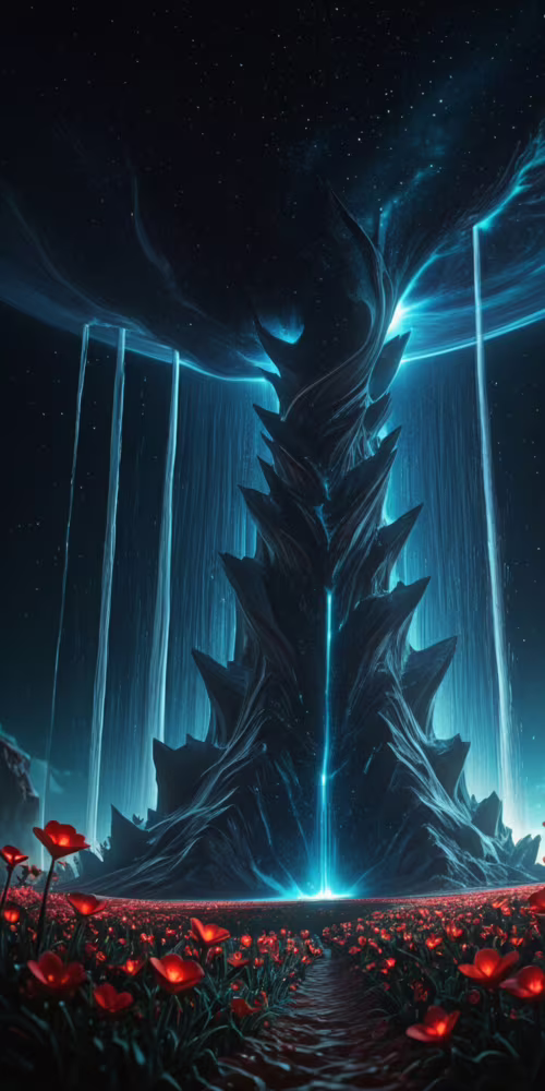 Una scena fantastica e surreale che raffigura una cascata blu luminosa che sgorga...