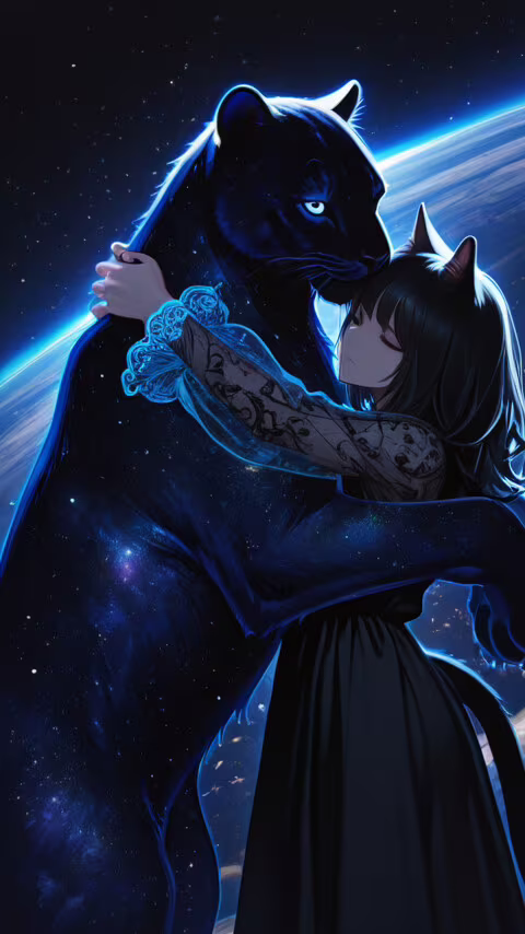 Una ragazza-gatto in stile anime, con capelli neri corti e un lungo abito nero con... Sony Xperia E3