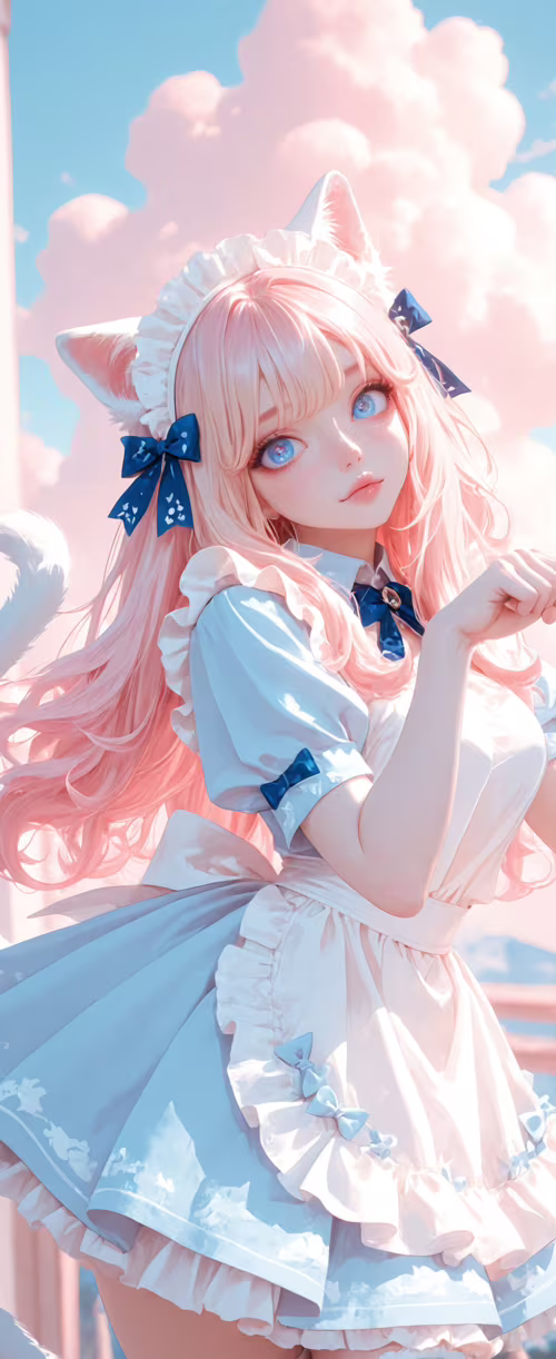 Una ragazza anime con lunghi capelli rosa, occhi azzurri e orecchie e coda da gatto... Samsung Galaxy Z Flip4