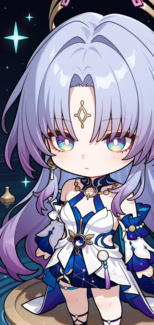 Un adorabile disegno in stile chibi di Fu Xuan, tratta da Honkai: Star Rail. Ha lunghi...