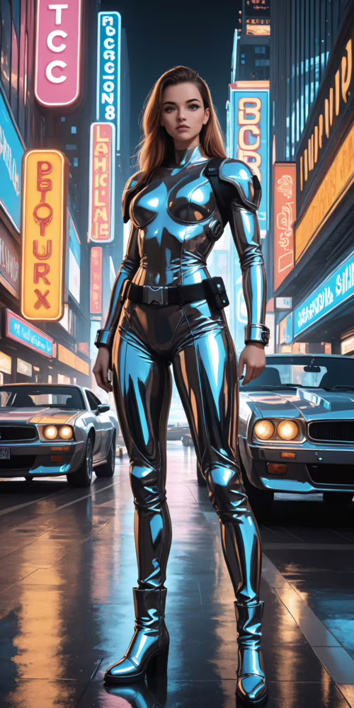 Illustrazione a figura intera di una donna che indossa una tuta da combattimento...