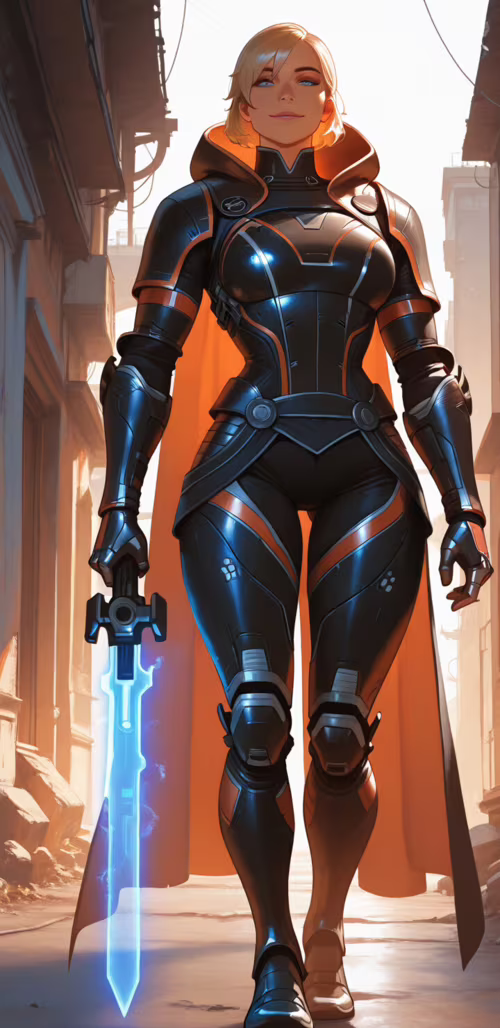 Un dipinto digitale che raffigura una donna bionda, il Comandante Shepard, con un’armatura...