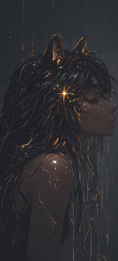 Un dipinto digitale che raffigura una giovane donna serena, con lunghi capelli neri... Huawei Mate 40