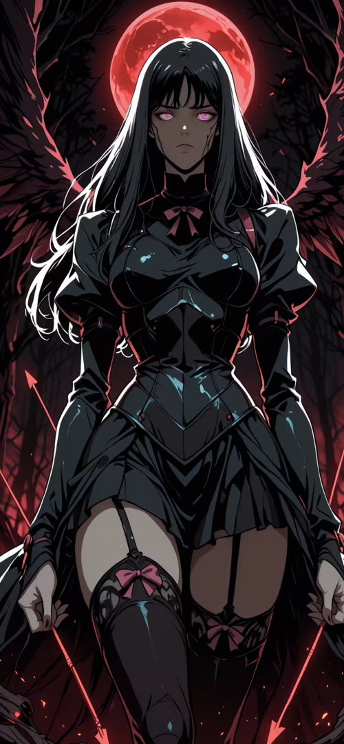 Un’illustrazione in stile anime che raffigura una donna con lunghi capelli neri,...