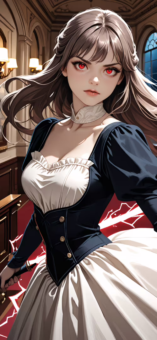 Una donna in stile anime, con lunghi capelli castani e penetranti occhi rossi, indossa... Elephone PX Pro