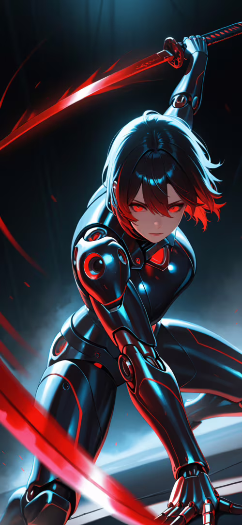 Una donna cyborg in stile anime, con un’armatura futuristica scura, occhi rossi luminosi... Apple iPhone 12 Pro Max