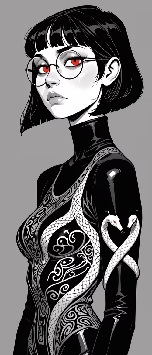 Un ritratto grafico di una donna con un caschetto corto e nero, occhiali rotondi... Motorola Edge S