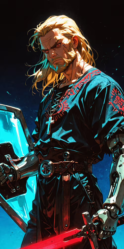 Un’illustrazione digitale che raffigura un guerriero biondo con la barba e gli occhi...