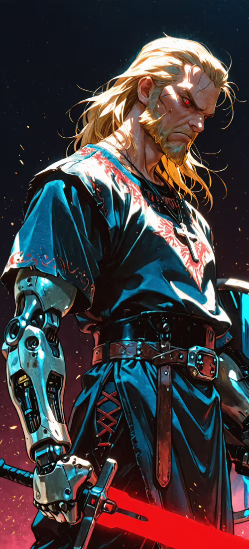 Un’illustrazione digitale che raffigura un guerriero biondo con la barba e gli occhi...