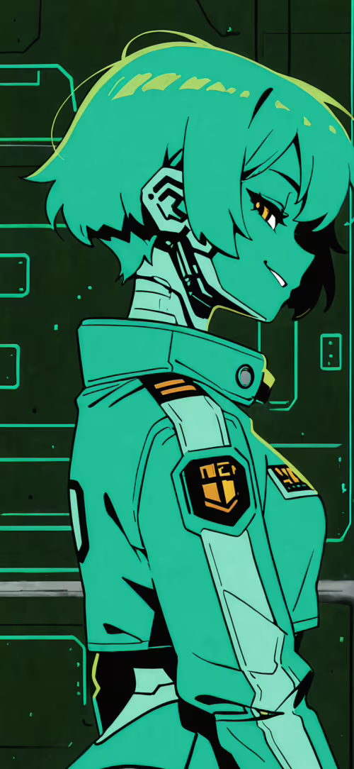 Un’illustrazione in stile anime che raffigura una donna cyborg con i capelli corti... Apple iPhone 16