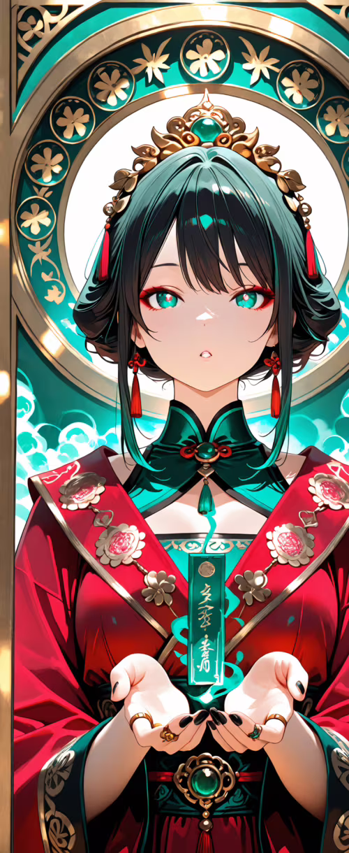 Una donna in stile anime, vestita con un tradizionale abito cinese rosso e verde,... Samsung Galaxy Z Flip